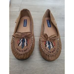 US Polo Assn Woman 9.5 Brown Beaded Moccassin Flats Southwestern Native American